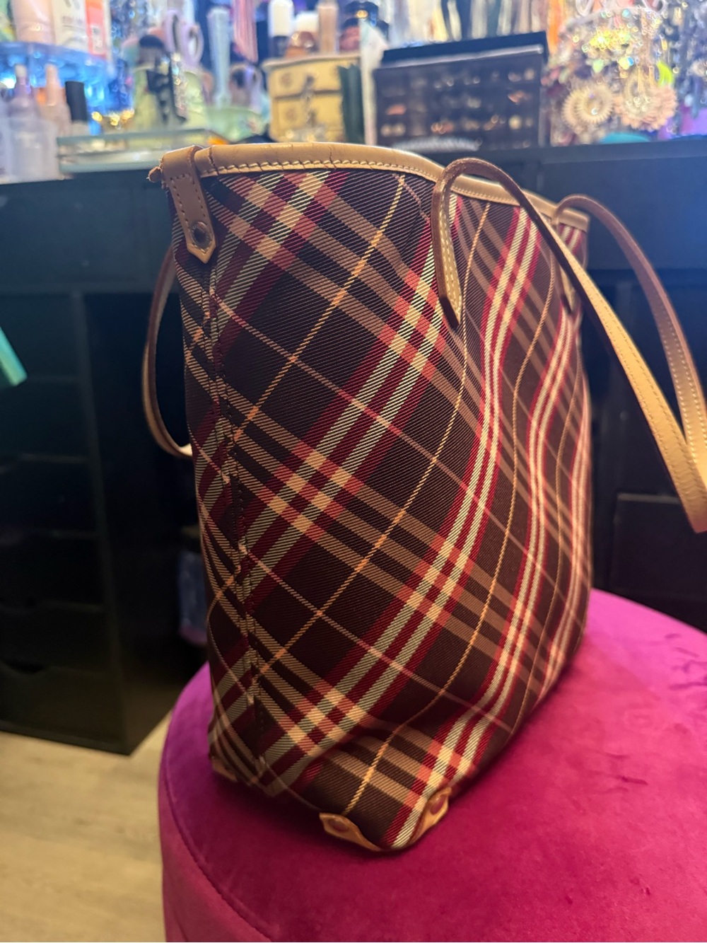 Burberry Brown Plaid Tote with Tan Leather Trim - Picture 4 of 12